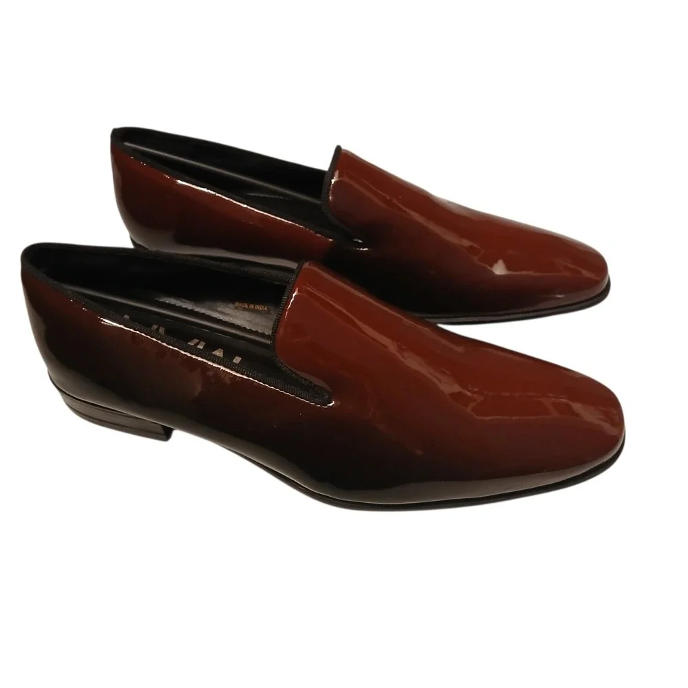 Mens 11 Burgundy Patent PU Leather Loafers UK 10 EU 44 Slip On Dress Party Shoes